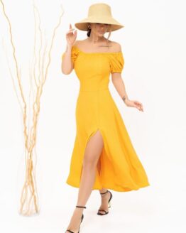 Фото вещи ISSA Plus Платье миди (13898_mustard) Женское, цвет - Горчичный, материал - Лён